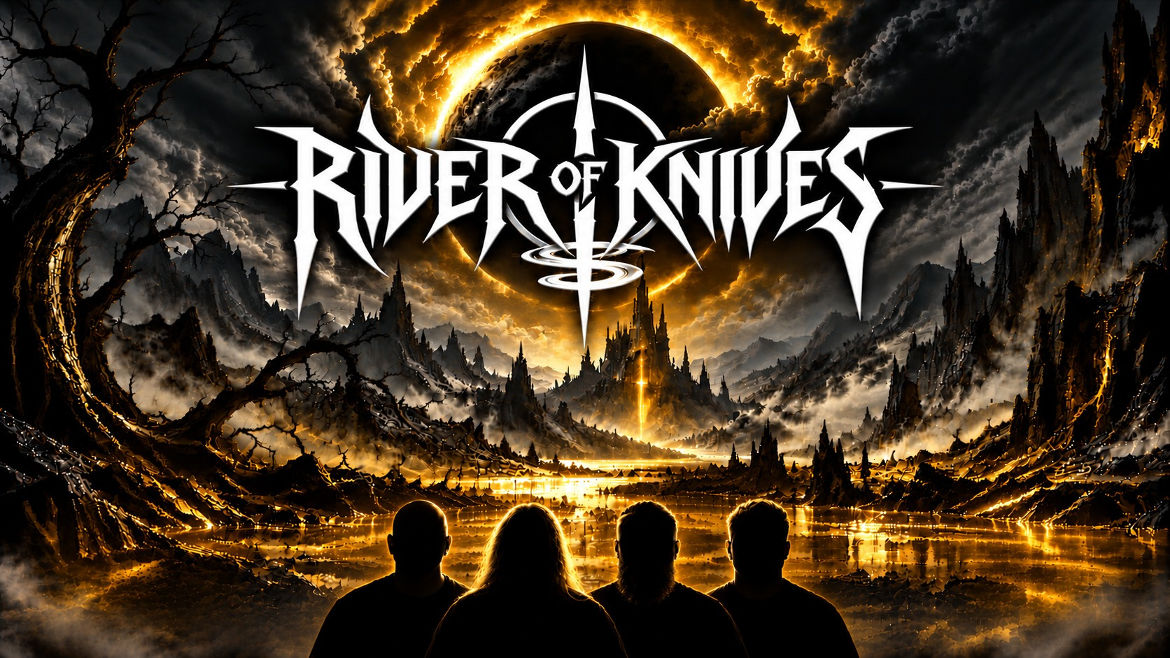 River of Knives white logo above a golden eclipse and four shadowed band members